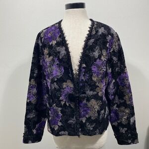 Cynthia Max Womens XL Purple Goth Floral Tapestry Jacket Faux Fur‎ Pom Closure